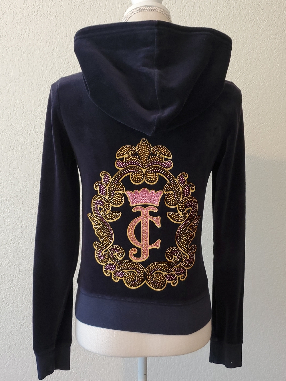 Juicy Couture Navy Velour Hoodie with Pink & Gold Embellished Crest